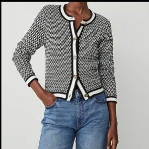 ANN TAYLOR GEO STITCH BLACK WHITE JACKET CARDIGAN SWEATER BUTTON $129 NWOT S